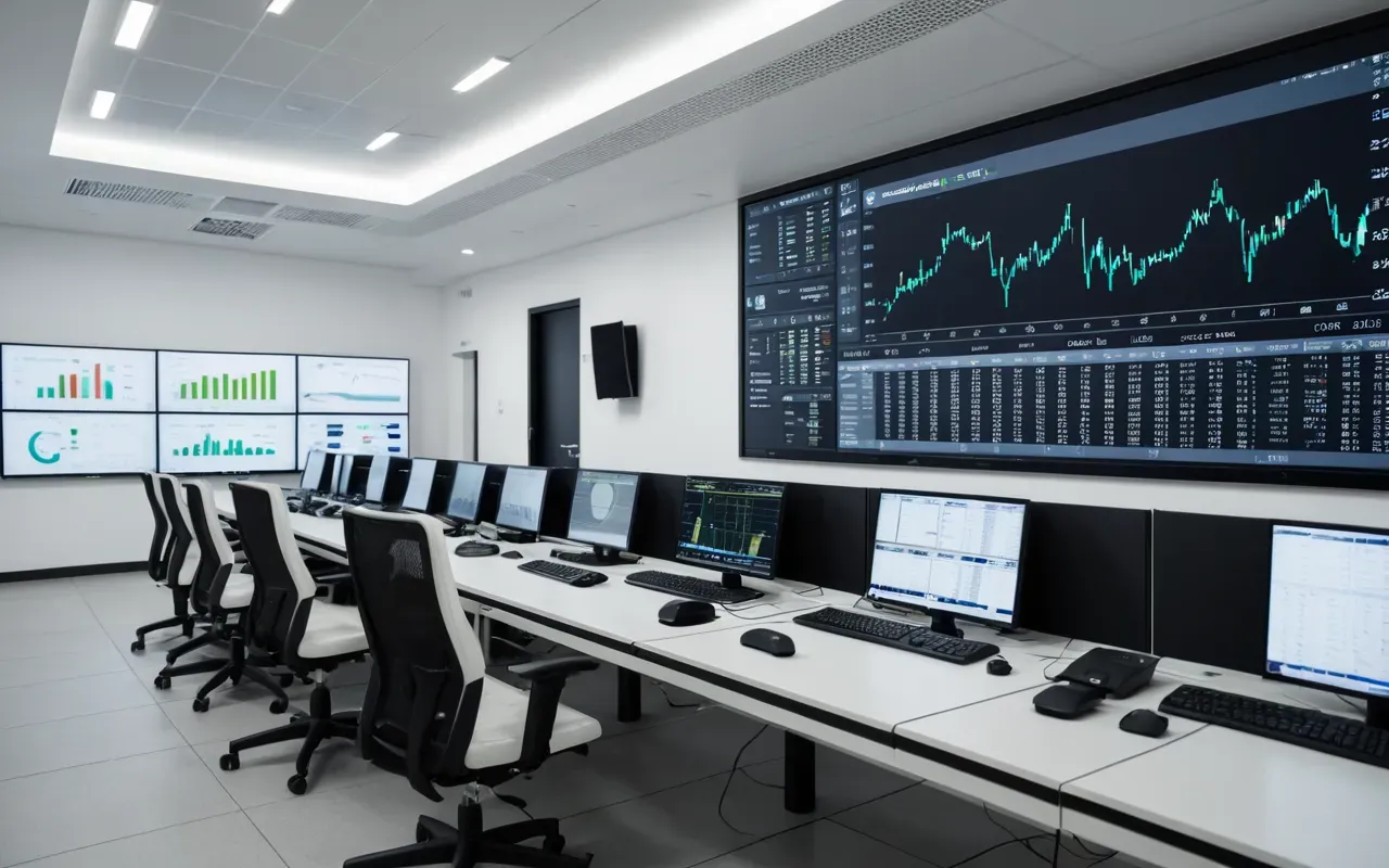A modern control room with large digital screens displaying real-time data and graphs, surrounded by clean white walls and ergonomic chairs.