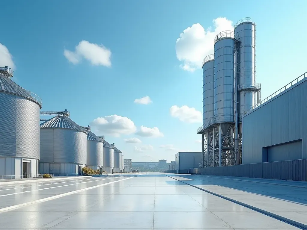 modern batching plant design A modern industrial facility exterior showing large metal silos and clean concrete pathways with no visible dust clouds under a clear blue sky emphasizing cleanliness and order in an industrial setting.