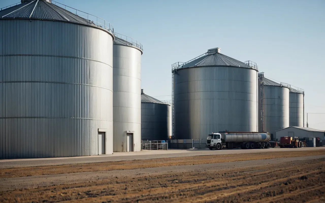 A modern industrial facility exterior with large storage silos under bright daylight, showing clean lines and heavy machinery without any visible text or branding, emphasizing scale and precision in construction material processing.
