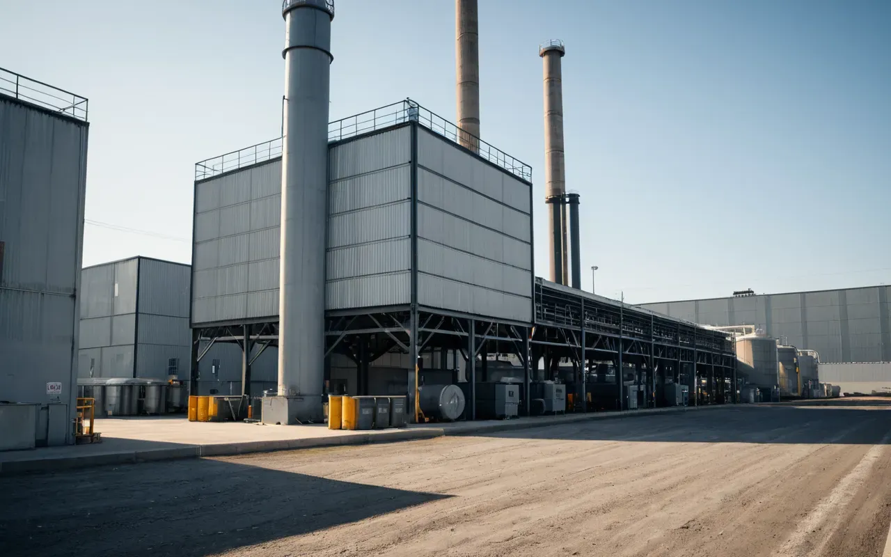 A modern industrial facility featuring large metal ventilation stacks and clean air filtration units situated next to a paved concrete yard under bright daylight.