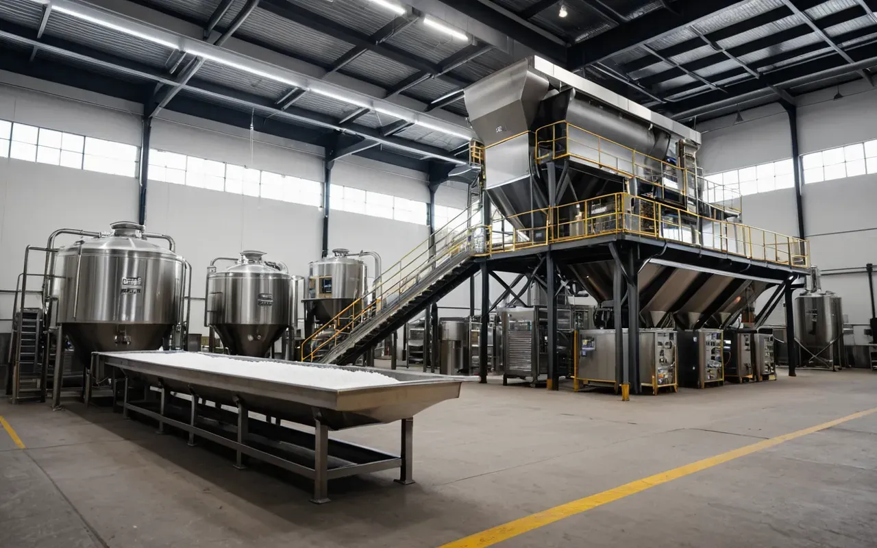 A modern industrial facility interior with stainless steel hoppers and conveyor belts under bright overhead lighting showing clean dry powder storage without any visible text or signage in the background