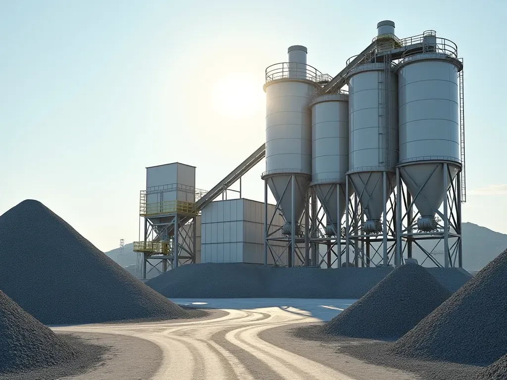 concrete batching plant A modern industrial facility with large concrete mixing silos under bright morning sunlight, surrounded by neat gravel piles and a fleet of stationary mixers on a flat paved yard.