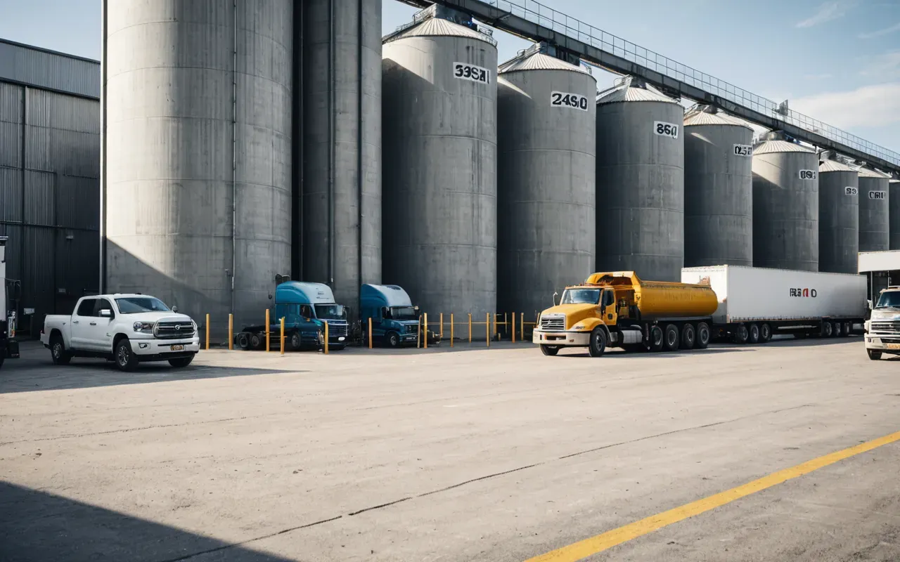 A modern industrial facility with large concrete silos and a loading dock under bright daylight, featuring heavy machinery and trucks waiting to load.