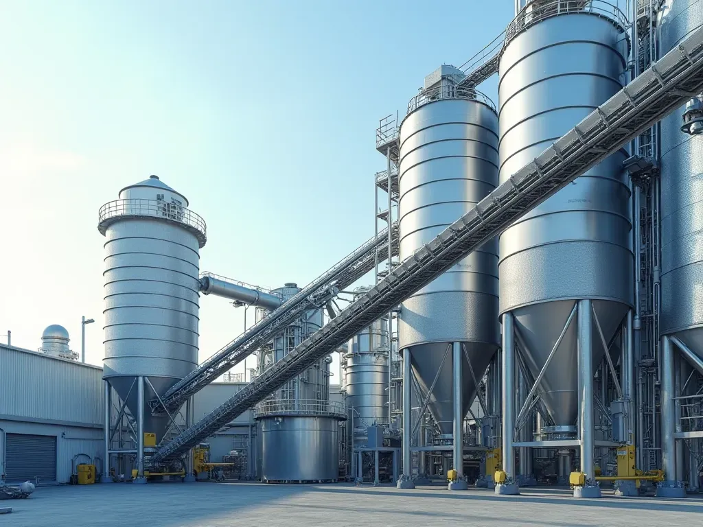 A modern industrial facility with large metal silos and automated conveyor belts under a clear sky, showing clean and efficient machinery in operation without any text or signs.