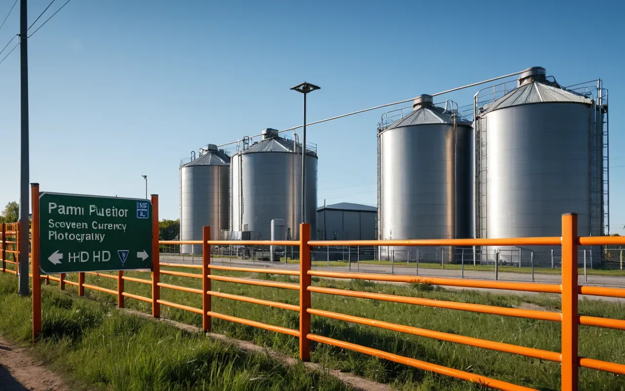 A modern industrial facility with large silos and a bright orange fence situated next to a green park area under a clear blue sky, showing the close proximity of heavy machinery to recreational space.