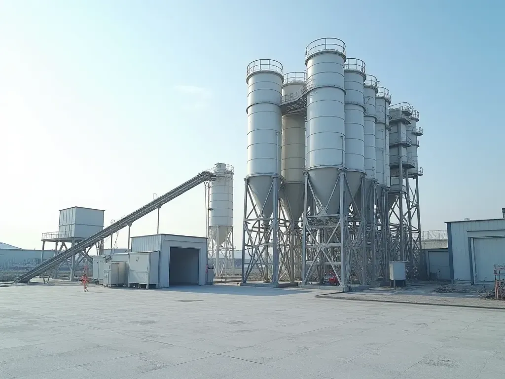A photo-realistic scene of a modern dry concrete batching plant situated on a clean paved industrial lot under bright daylight. The facility features enclosed silos, covered conveyor systems, and heavy-duty trucks parked nearby. Workers in high-visibility vests inspect control panels. The background shows a generic urban skyline with no text or signage visible anywhere.