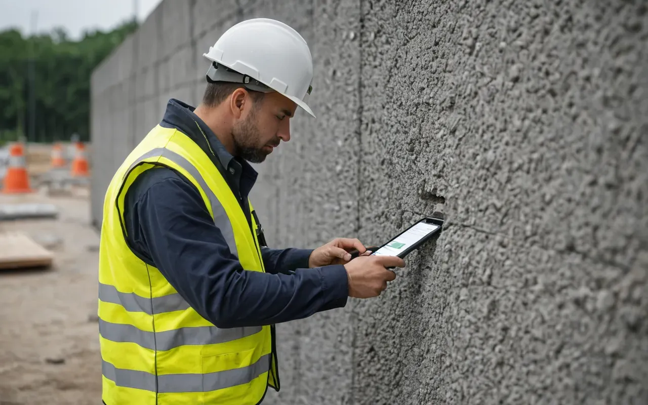 A technician in high-visibility vest inspecting a sample of grey concrete material using digital tools on an outdoor construction site with blurred background showing industrial equipment and natural light casting soft shadows across the scene no text visible anywhere