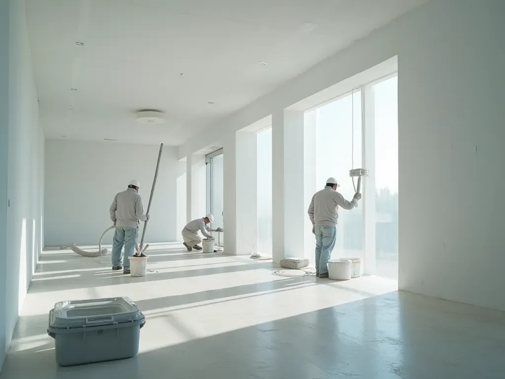 A wide-angle photograph of a clean modern construction site interior showing workers applying smooth wall finish from sealed containers. Bright overhead lighting highlights dust-free conditions. Neutral gray walls and organized material staging area visible in background. No text or logos present.