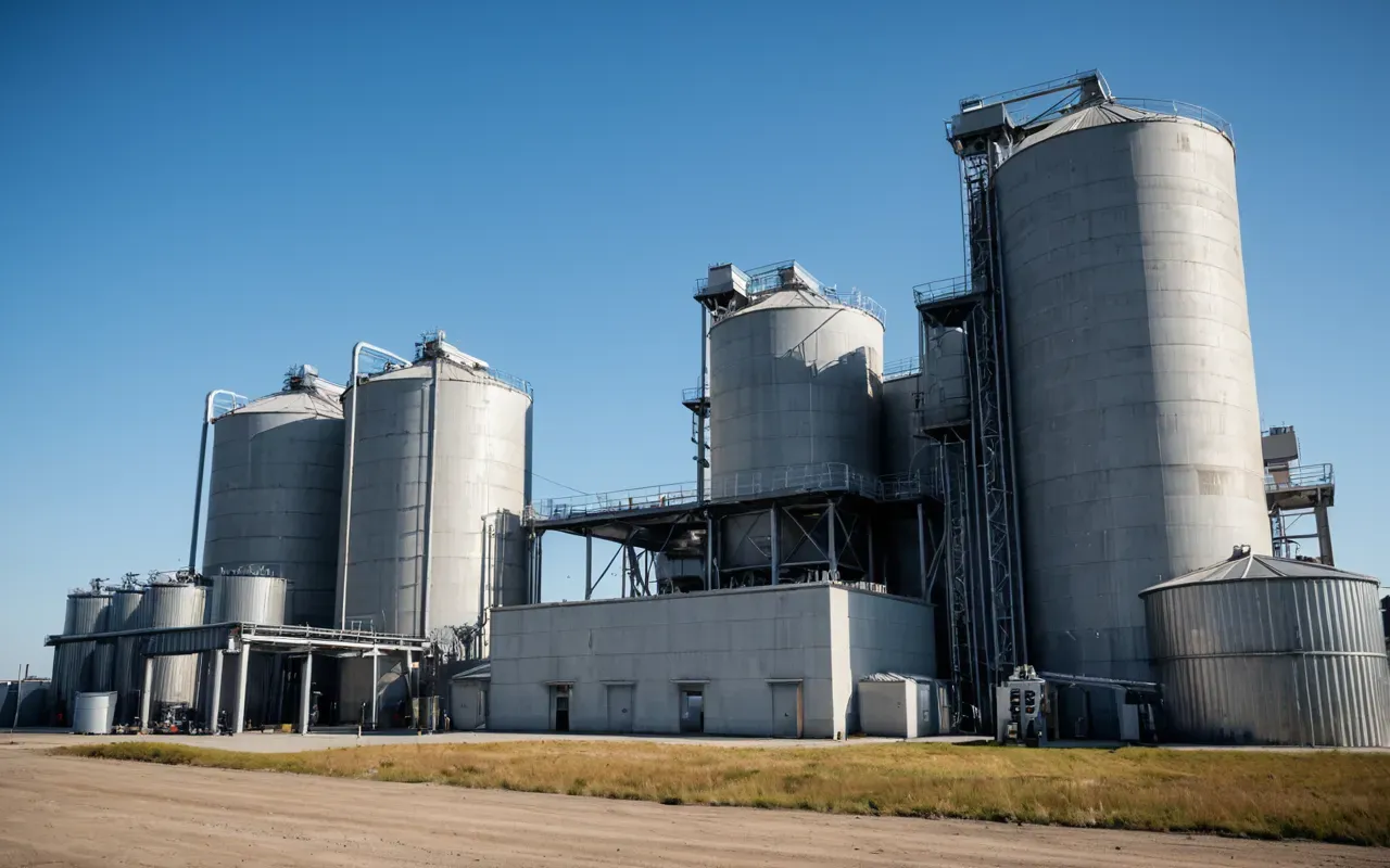 A wide angle shot of a modern concrete batching plant exterior with large steel silos and a control building under a clear blue sky showing clean industrial design without any visible signs or text on the structures