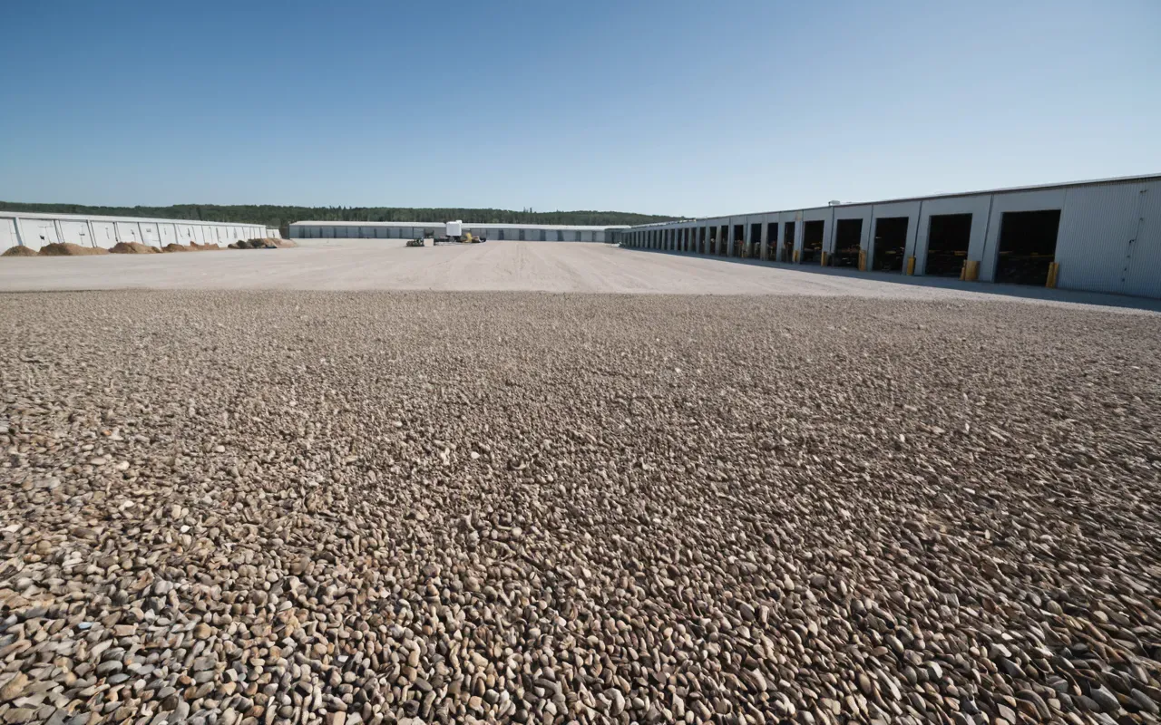 A wide shot of a large open air storage facility with neat piles of dry aggregate materials under bright natural daylight and clear skies in the background distance