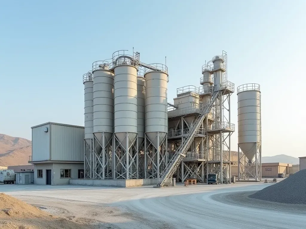 A wide shot of a modern dry concrete batching plant with large silos and storage bins arranged in an orderly fashion under clear skies showing proper material separation.