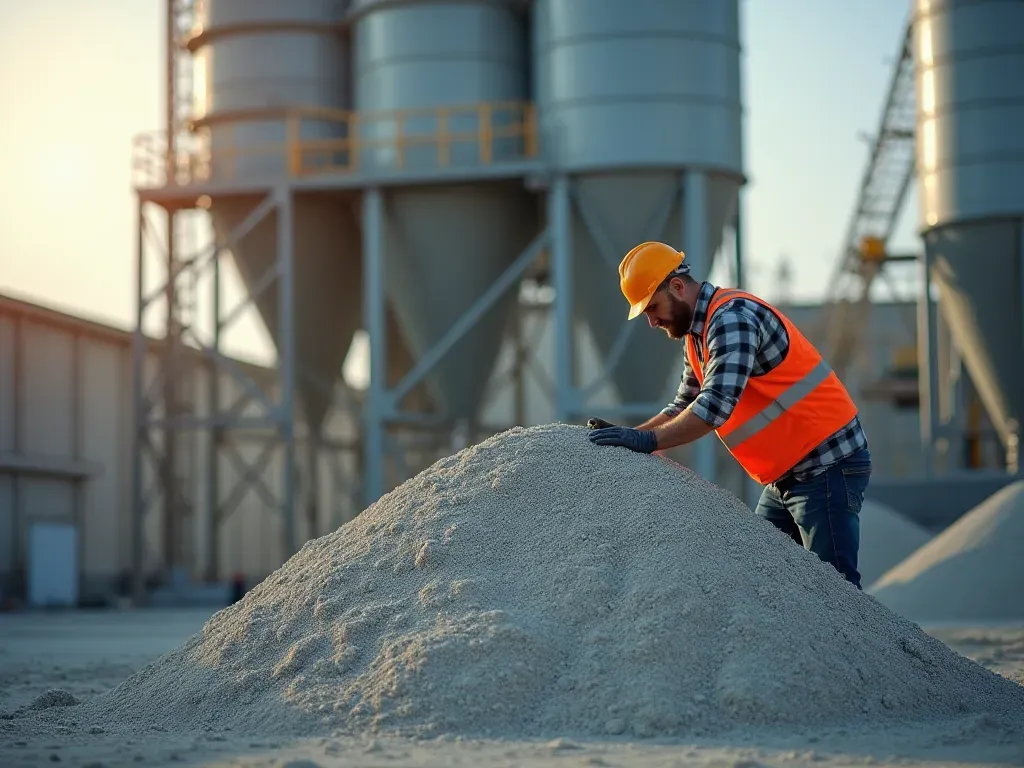 A worker in safety vest and hard hat inspecting a pile of clean crushed aggregates at the base of a concrete batching plant silo under natural sunlight.