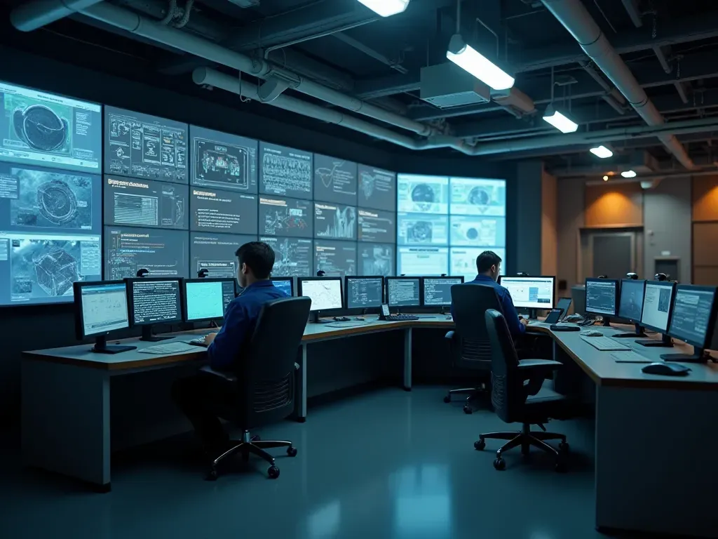 Clean editorial photograph of a modern industrial control room interior showing ergonomic operator stations, digital monitoring screens, and organized cable management with neutral lighting