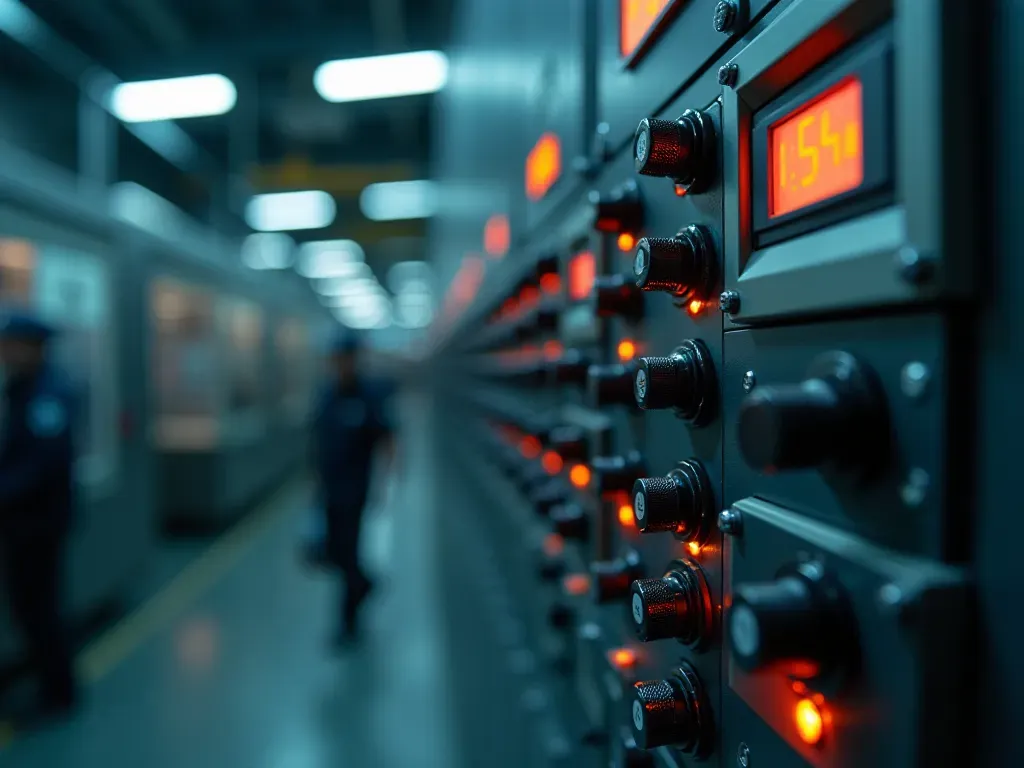Close up editorial photograph of a modern industrial control panel showing digital displays, toggle switches, and clean wiring with soft overhead lighting in a contemporary facility