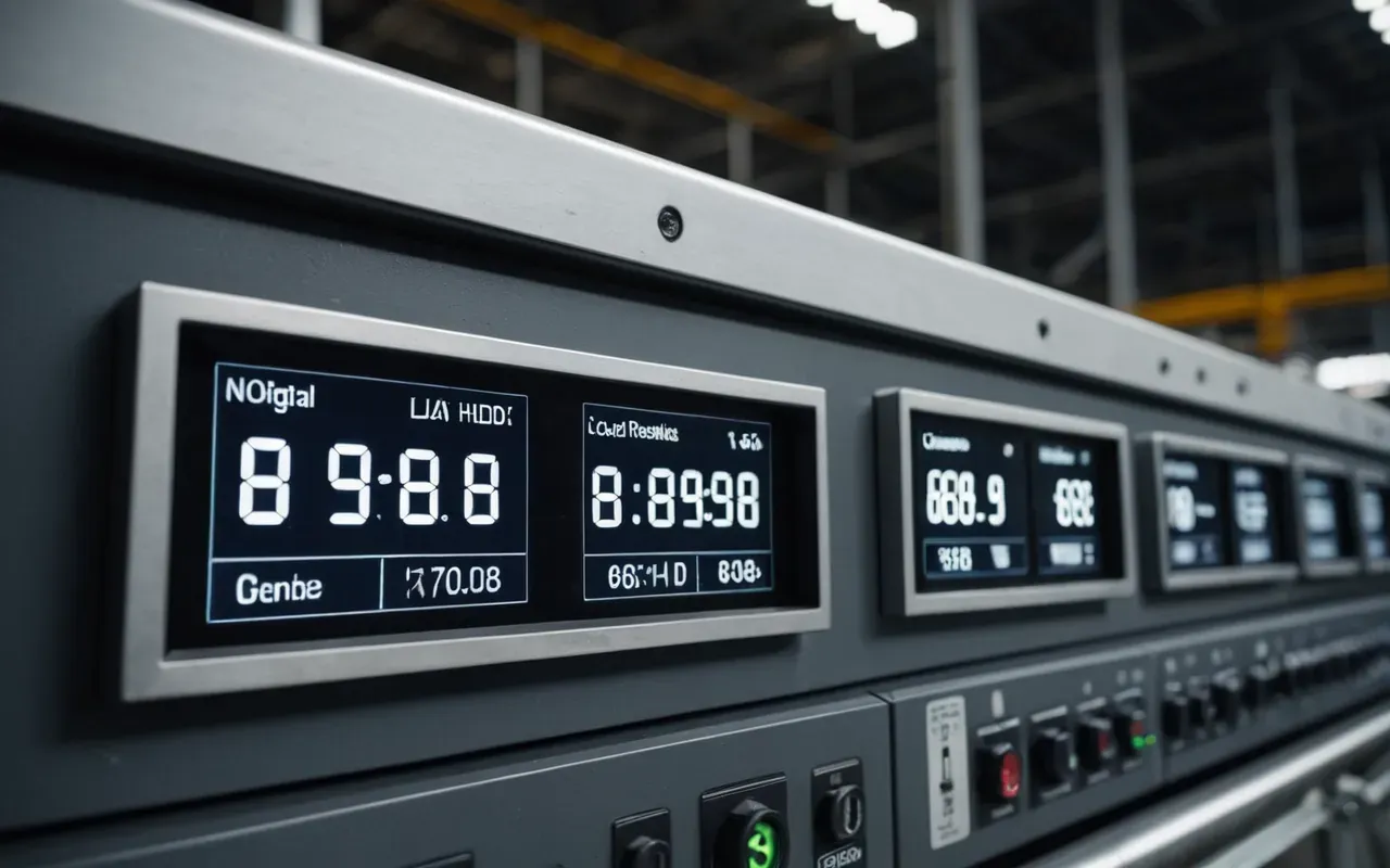 Close-up of a digital control panel in an industrial facility showing numerical readouts and status lights, soft ambient lighting, clean modern aesthetic with brushed metal surfaces and minimal clutter around the interface