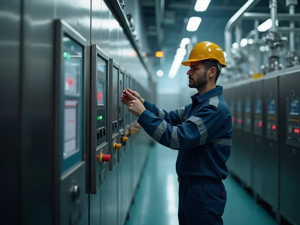 Close-up of a worker checking digital controls on a stainless steel control panel in a clean industrial facility with soft shadows
