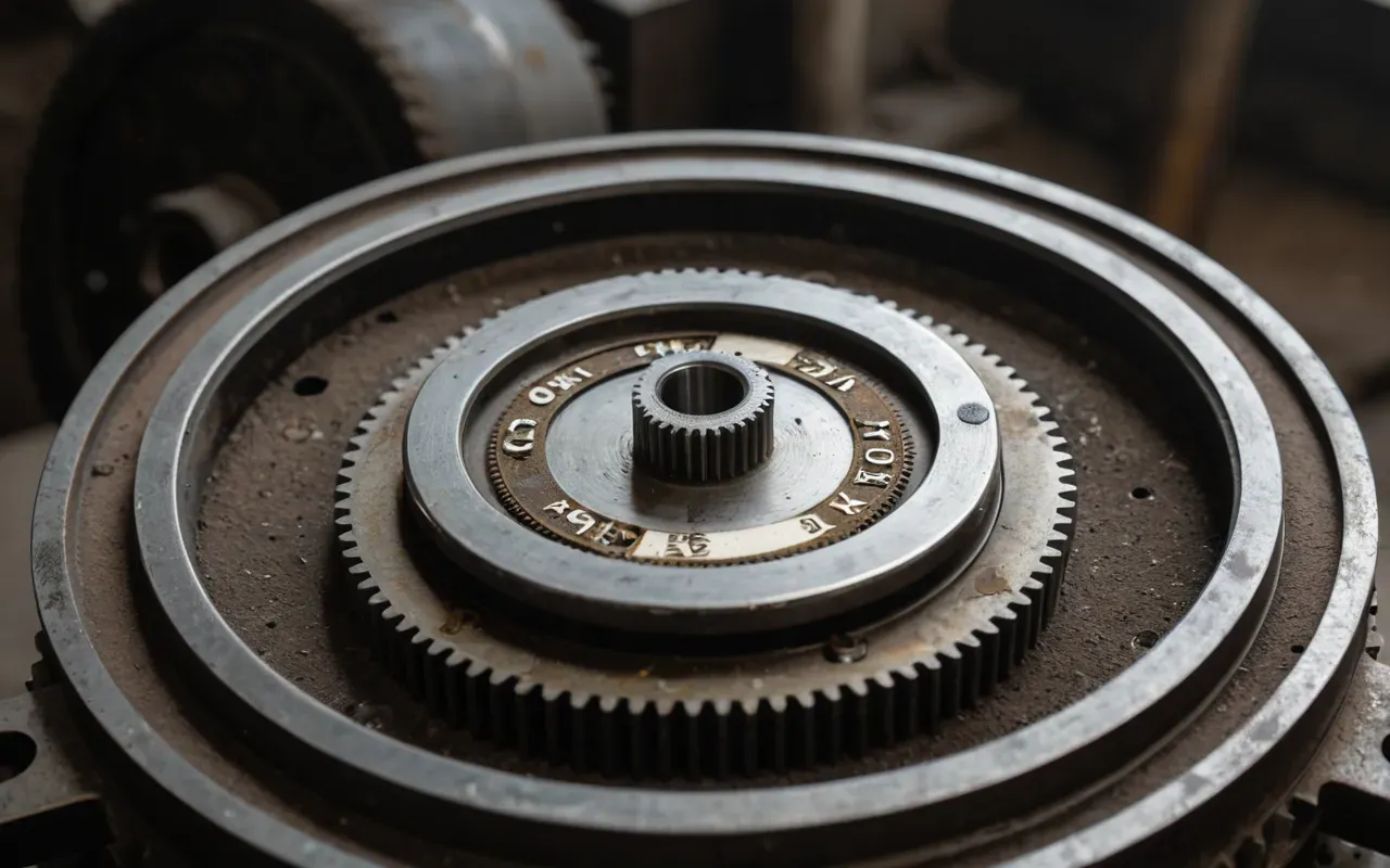 Close up of a worn steel gear mechanism with visible dust accumulation and slight rust spots on the edges under harsh industrial lighting
