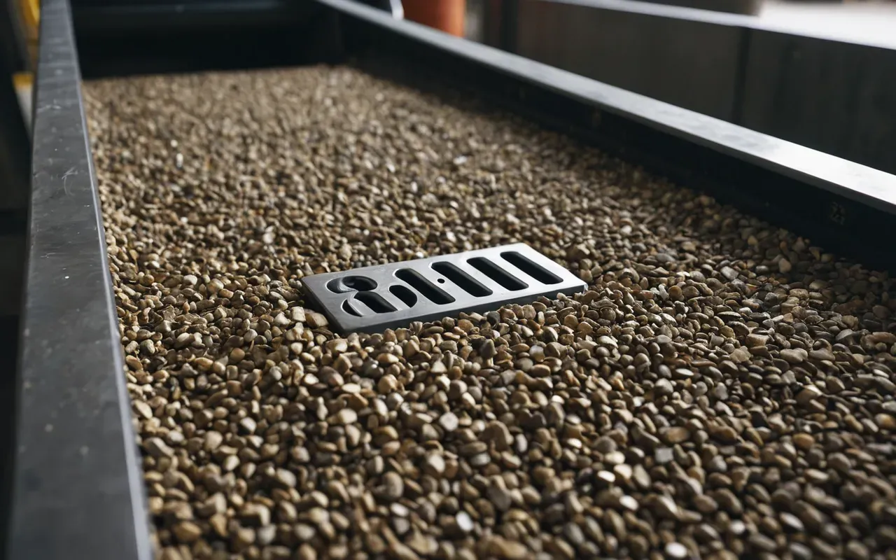 Close up of aggregate material moving through a conveyor system in an industrial setting with soft natural light