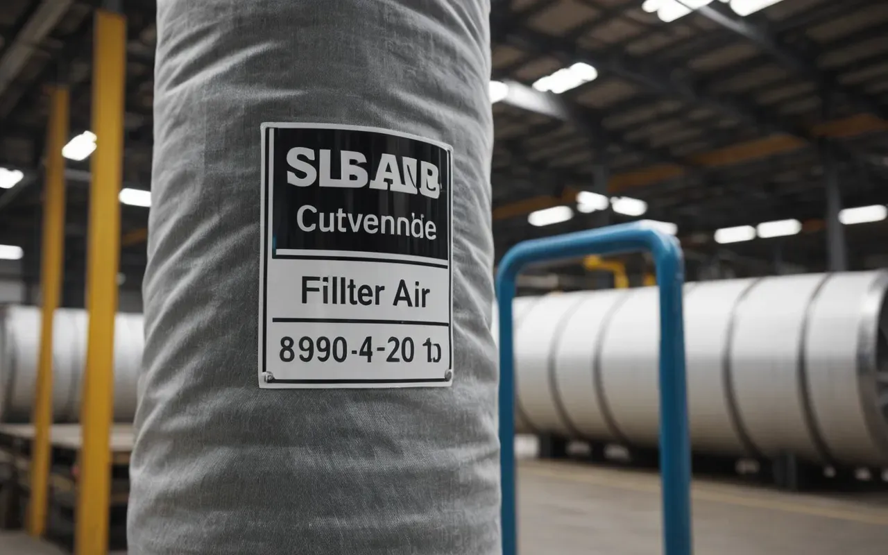 Close up view of a industrial filter bag housing with metal piping and clean air exhaust vents in a well lit warehouse environment showing no visible dust or text labels on the machinery surfaces