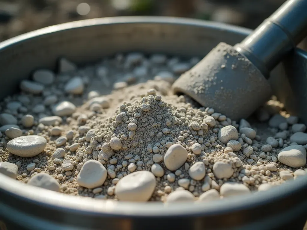 Close up view of clean aggregate stones and cement being mixed in a stainless steel drum with bright natural lighting highlighting the smooth texture and purity of materials.
