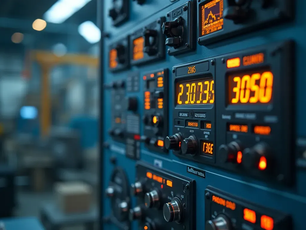 Close up view of digital control panel inside a modern dry concrete batching plant showing precise measurement displays and automated mixing mechanisms operating efficiently in clean industrial environment