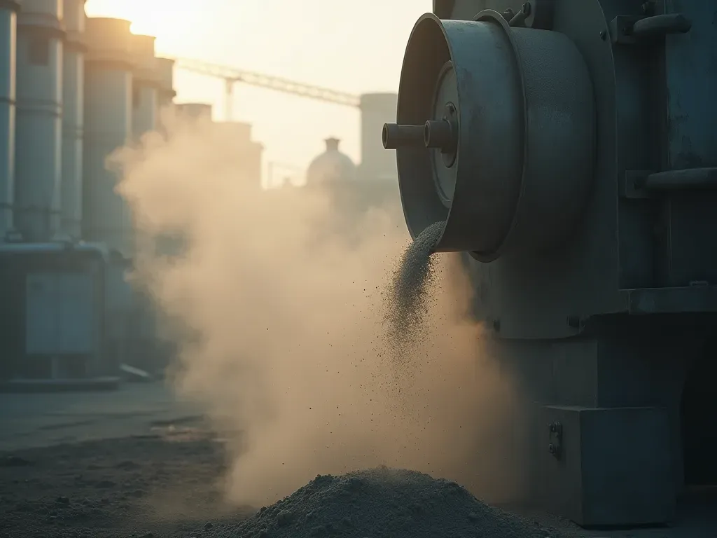 dust emissions Close up view of fine grey dust particles floating in the air near a large industrial mixing machine with sunlight shining through the haze creating visible light beams and shadows on nearby equipment.