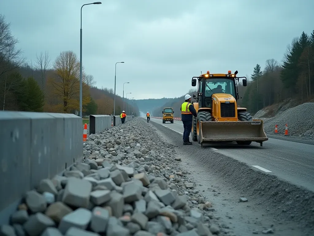 road construction recovery Construction workers in safety vests operating heavy machinery near a road reconstruction site with fresh concrete barriers and cleared debris under an overcast sky.