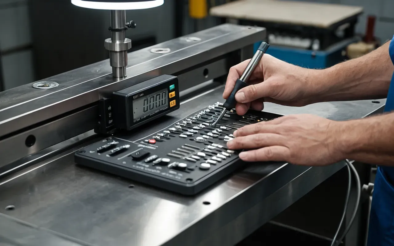 Detailed view of a technician’s hands using precision tools to adjust components on an industrial weighing mechanism in a clean workshop environment, focus on metallic textures and careful manual work with soft directional lighting highlighting the mechanical details