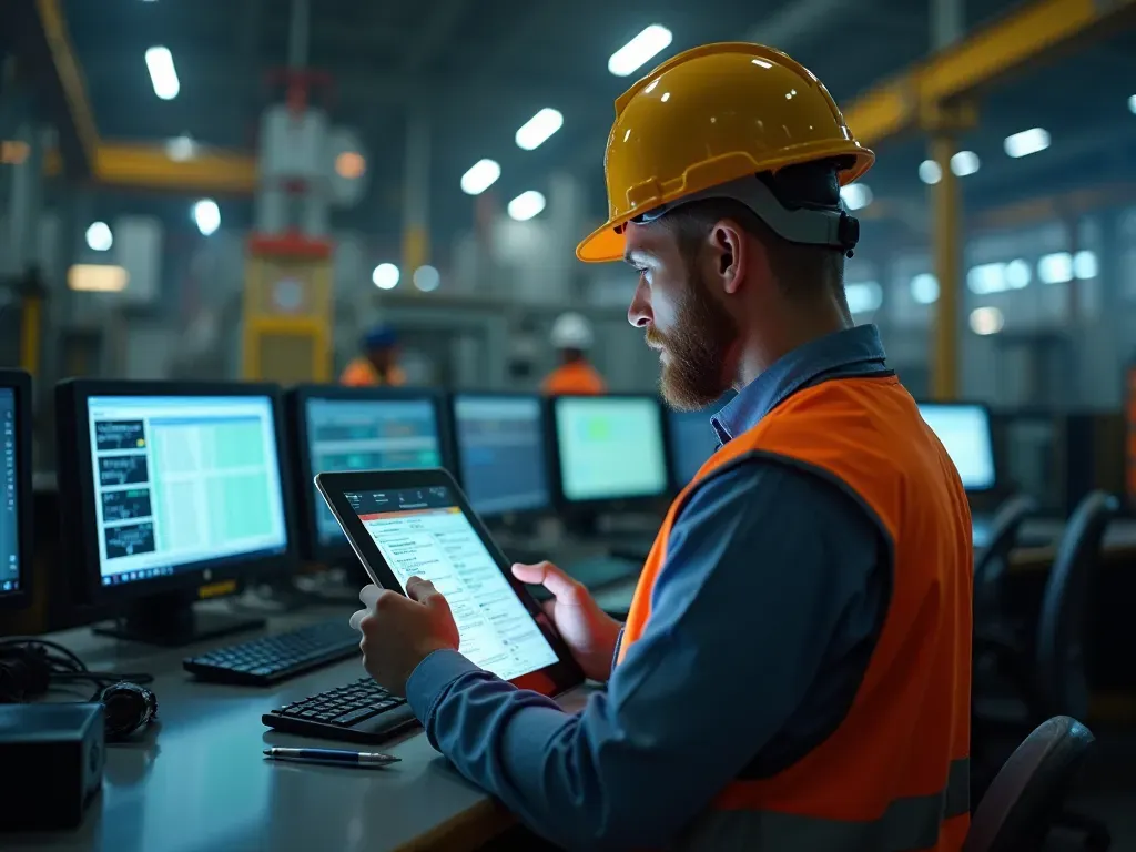 Engineer inspecting concrete mixer controls on digital tablet screen in modern batching plant control room