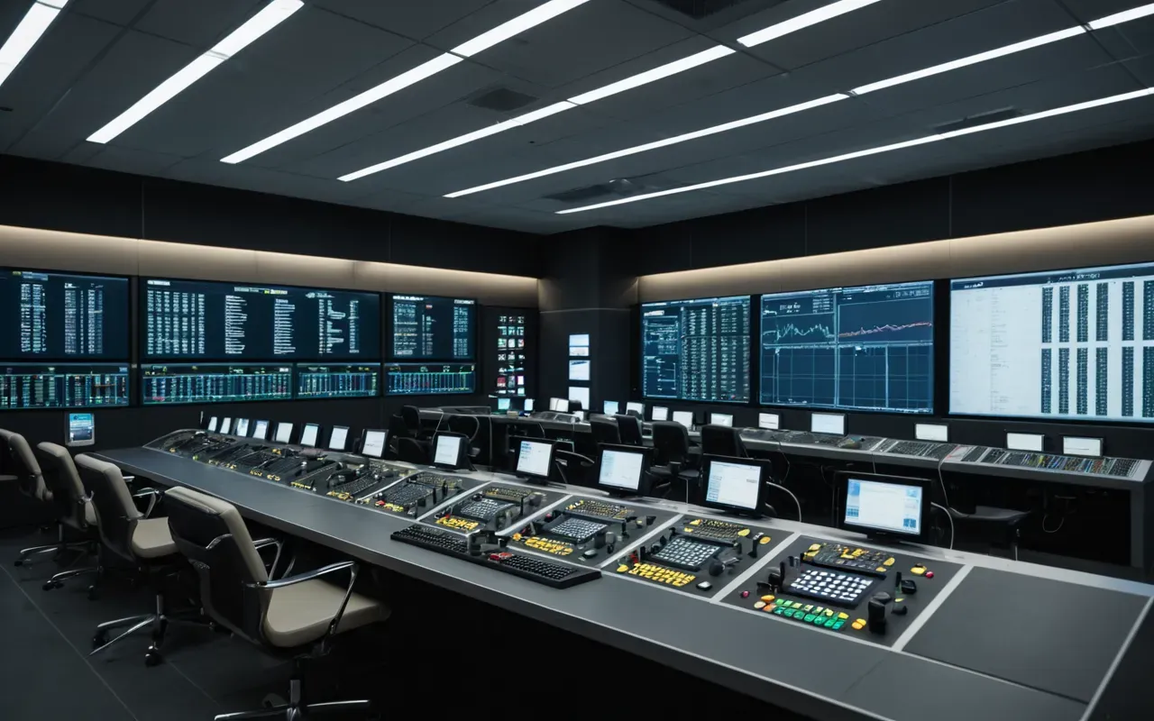 Interior of a modern control room with large screens and clean layout under soft artificial lighting