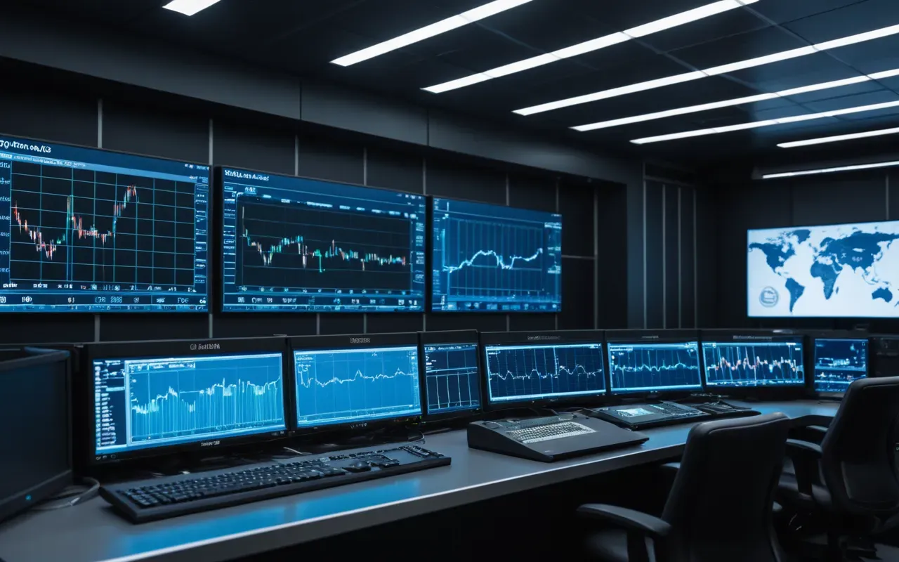 Interior view of a control room with multiple monitors showing data graphs and blue lighting reflecting on glass surfaces, clean and modern aesthetic