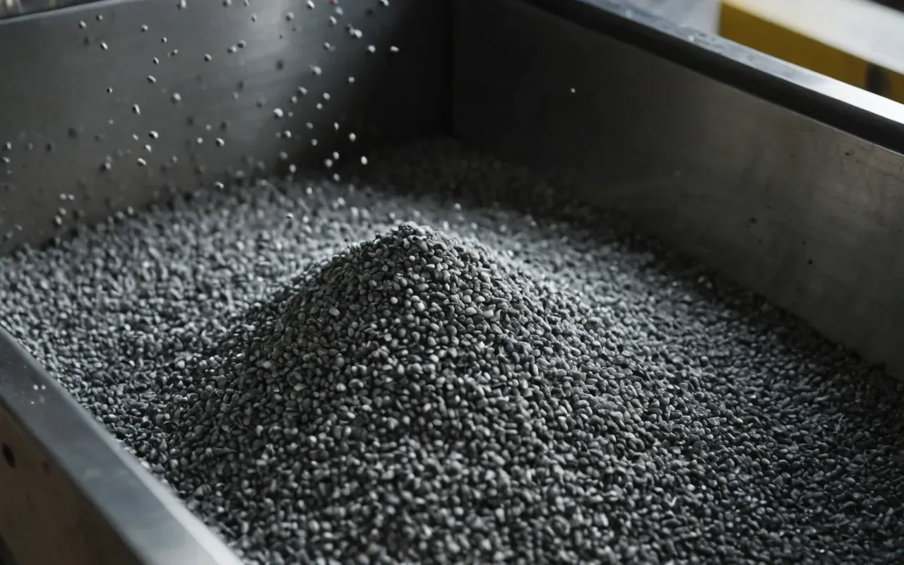Macro shot of fine gray granular material flowing through a stainless steel chute in an industrial setting, sharp focus on particle texture and motion blur indicating flow rate, neutral gray tones with clean metallic surfaces reflecting soft overhead lighting