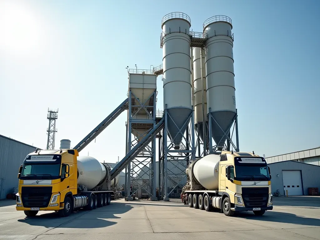 Modern concrete batching plant exterior with large silos and mixer trucks in bright daylight showing industrial efficiency