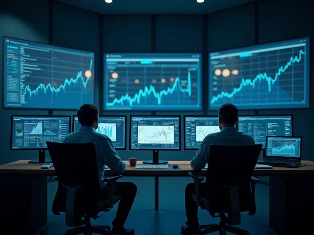 Modern industrial control room with large screens displaying graphs and data in a dimly lit environment with blue ambient lighting