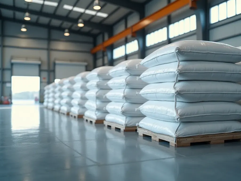 Row of large white bulk bags stacked neatly on a warehouse floor near loading dock doors with natural light coming in from high windows