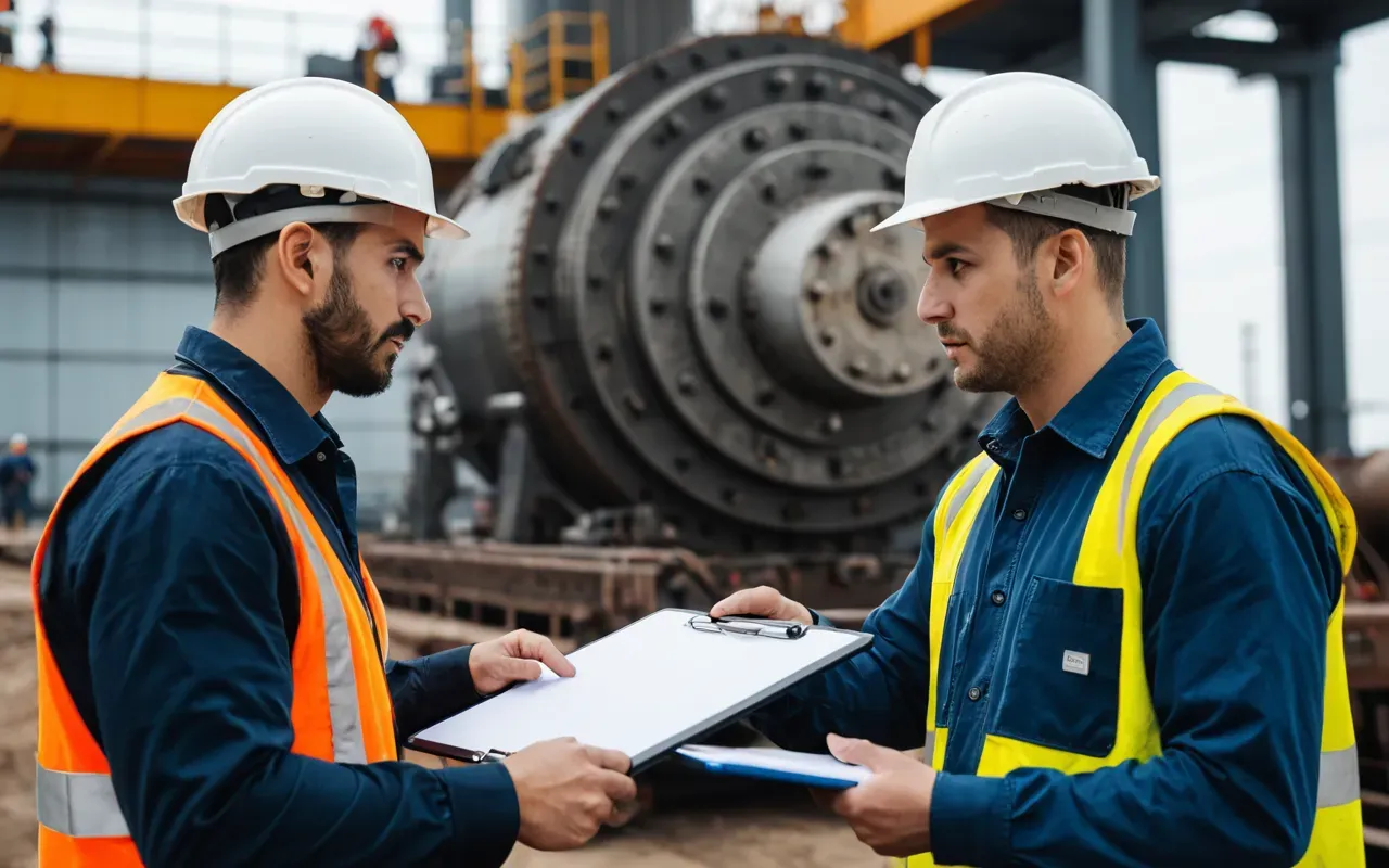 Two engineers in hard hats looking at a clipboard and pointing towards a large piece of industrial machinery in the background with bright daylight