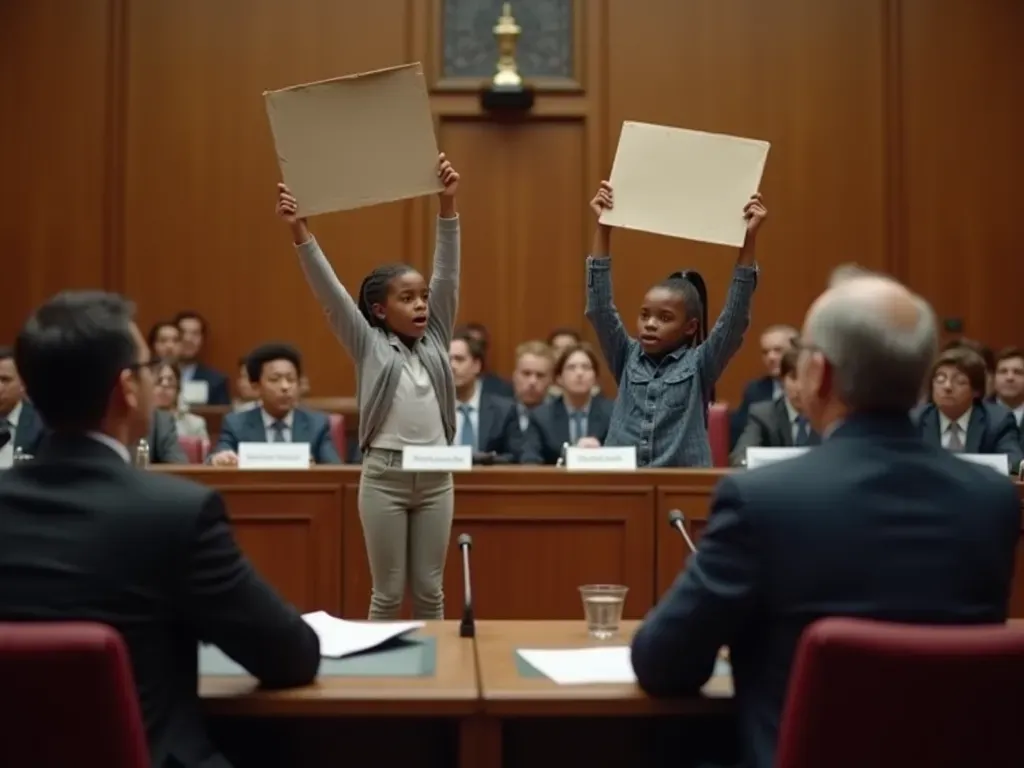 environmental justice Two young students standing in a large government hearing room holding small signs with their hands raised high speaking passionately to a panel of adults seated at long wooden tables under bright overhead lighting.