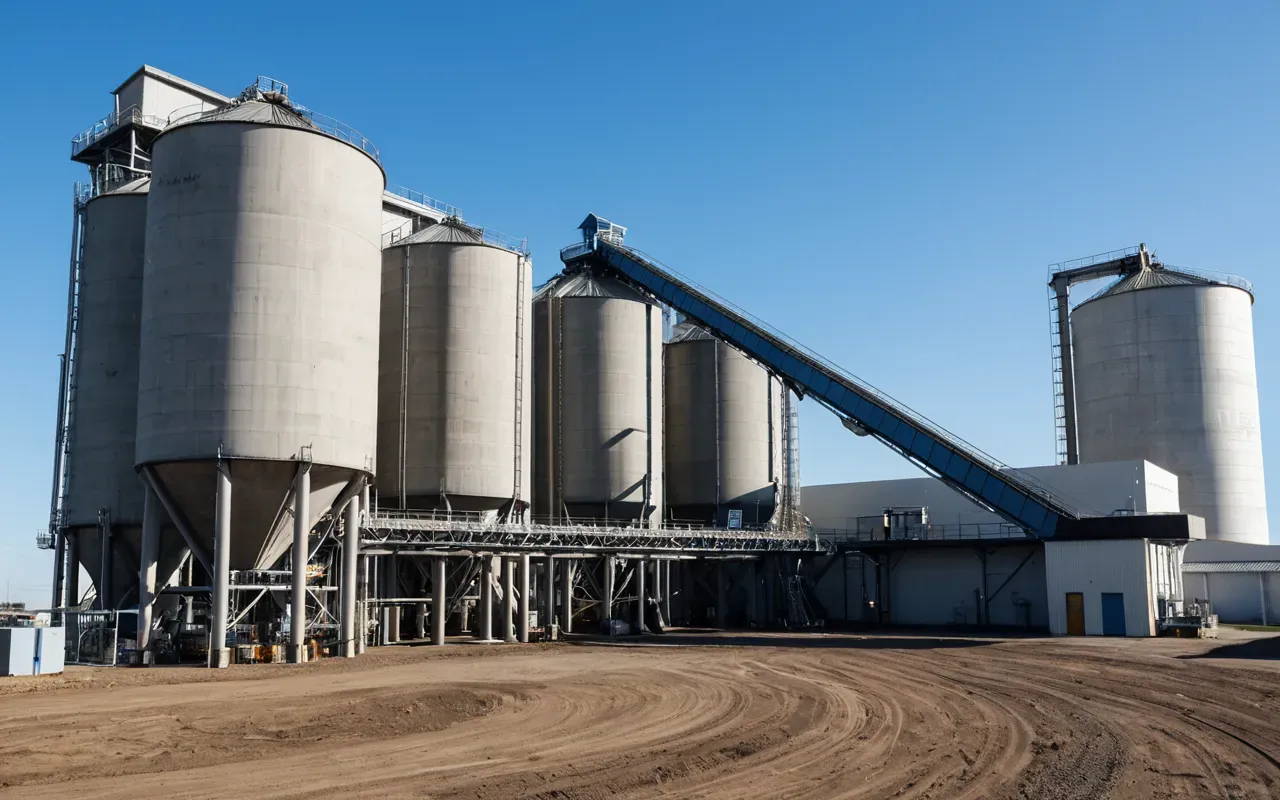 Wide angle shot of a modern concrete batching plant facility with large silos and conveyor belts under clear blue sky showing industrial scale and clean design no text or logos visible neutral background elements only machinery focus