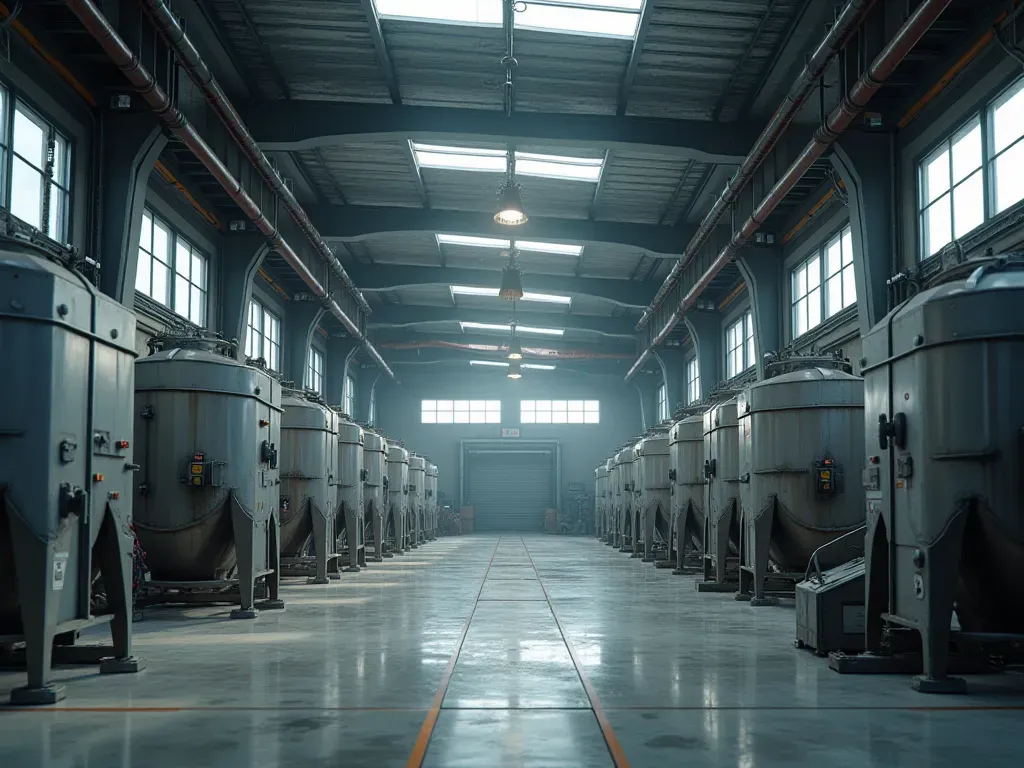 Wide editorial photograph of a modern concrete mixing facility interior showing stainless steel hoppers, control panels, and industrial lighting with soft daylight streaming through high windows