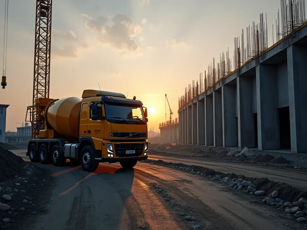 Wide editorial photograph of a modern construction site at dawn showing a concrete mixer truck parked near steel reinforcement structures with soft morning light and clean composition