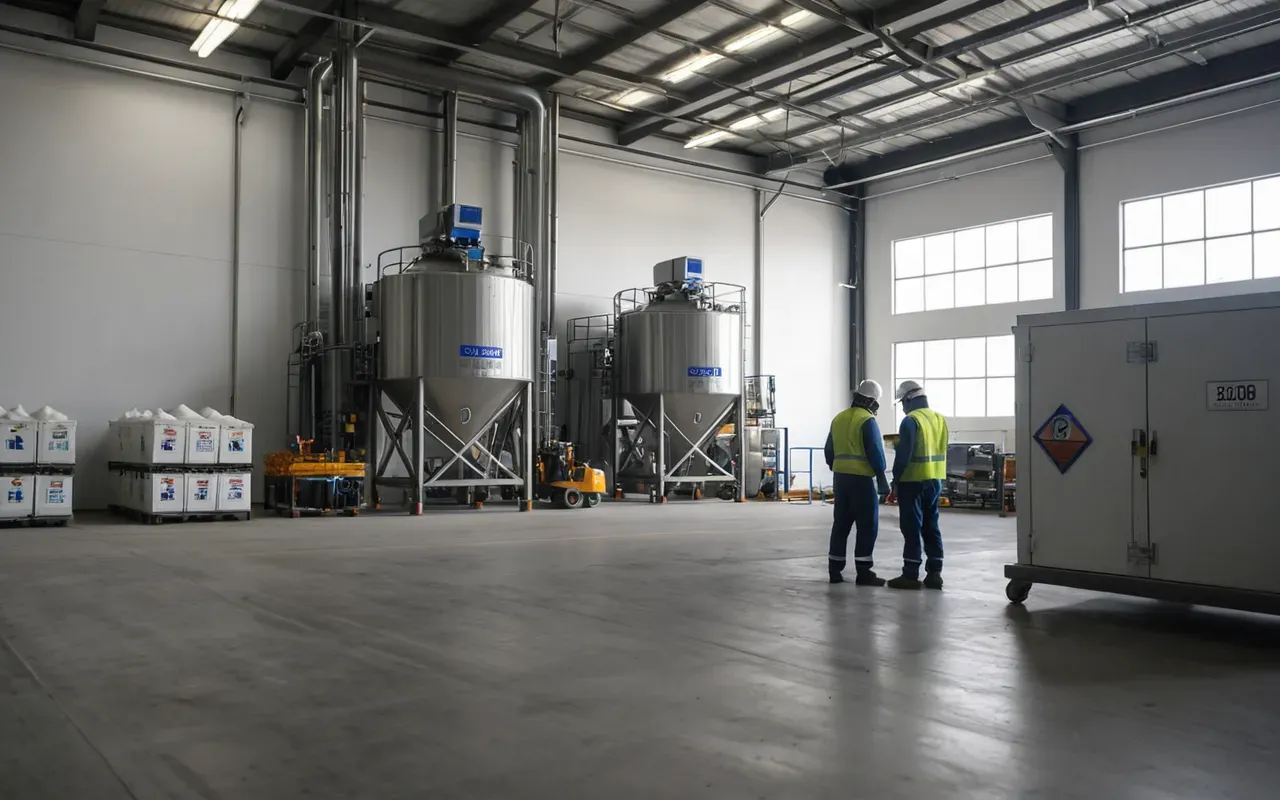 Wide interior shot of a modern concrete batching facility with clean white walls and organized storage bins, workers in protective gear inspecting equipment near large hoppers, natural light streaming through high windows creating soft shadows on polished concrete floors