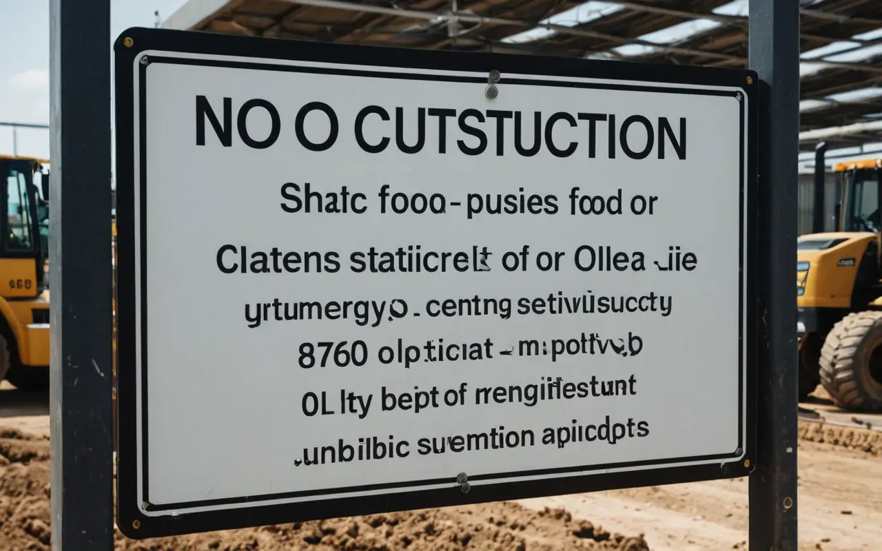 Wide shot of a construction site with modern machinery and workers in safety gear under clear daylight