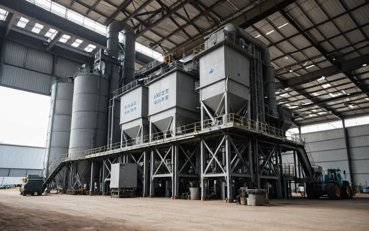 Wide shot of a modern concrete batching plant in an industrial yard with clear daylight and clean machinery details