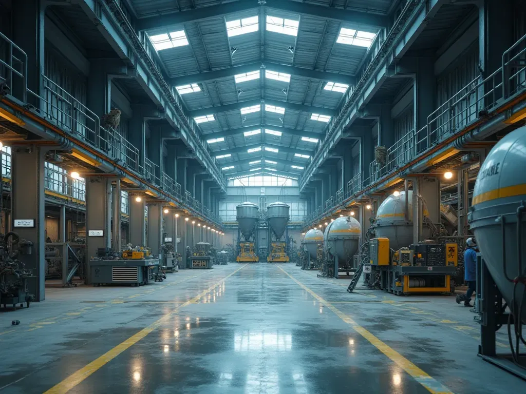 Wide shot of a modern industrial concrete batching plant interior with steel hoppers and conveyor belts under bright fluorescent lighting