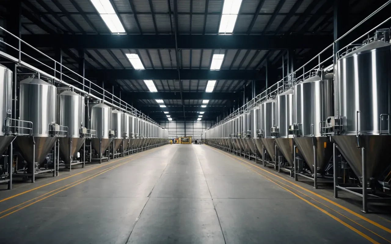 Wide shot of a modern industrial facility with large steel silos and conveyor belts under bright artificial lighting, clean and organized layout, no people visible