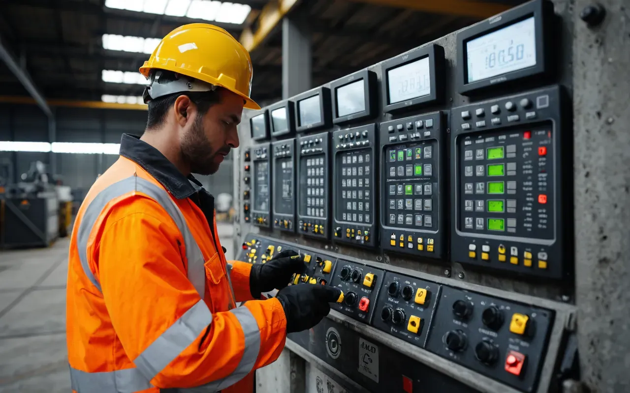 A close-up shot of a worker in safety gear inspecting digital control panels and gauges on industrial concrete mixing equipment with focused lighting highlighting the technical details.