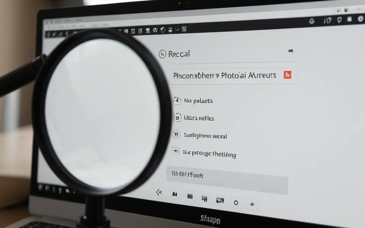 A close up view of a computer screen displaying an empty search results interface with a magnifying glass icon and no product listings visible in the browser window under neutral office lighting.