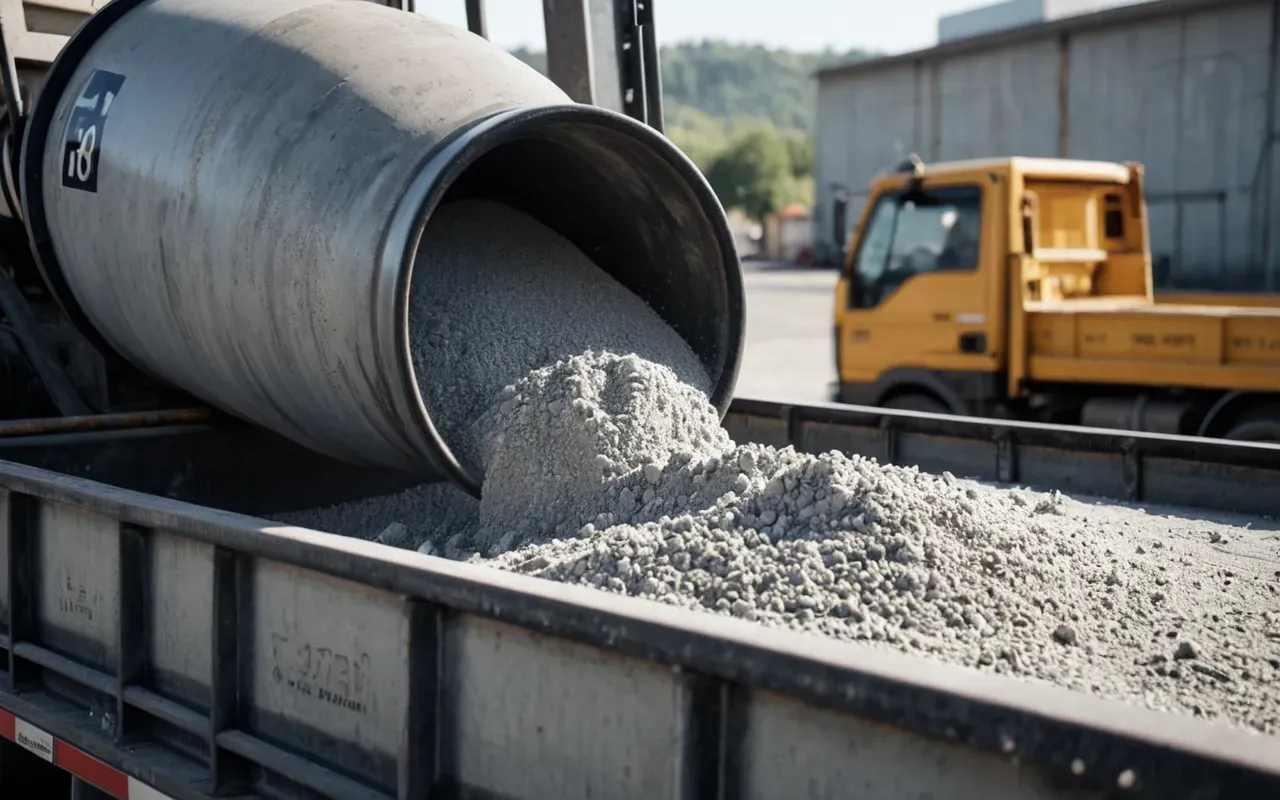 A close-up view of a concrete mixer in operation with fresh gray material flowing smoothly into a waiting truck bed under bright natural daylight and clean industrial surroundings without any visible writing or labels.