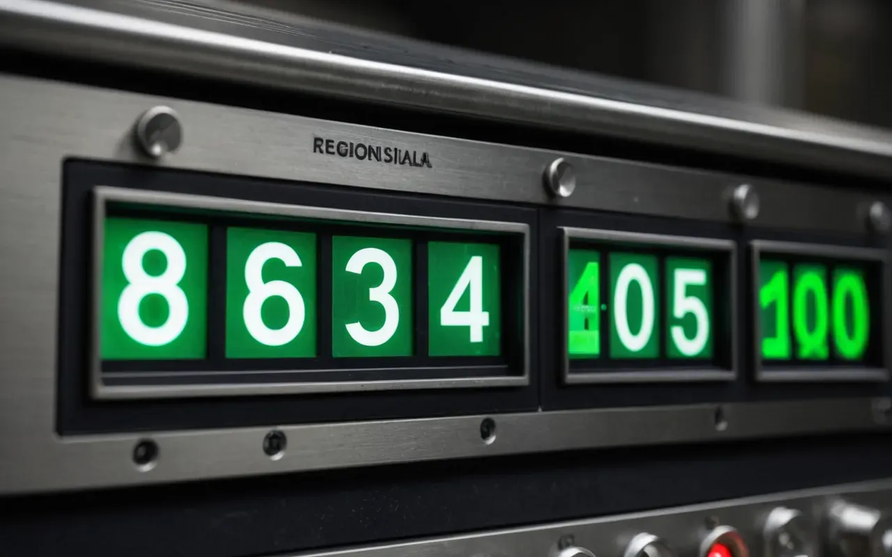 A close up view of a digital control panel on industrial machinery showing green status lights and analog gauges. The surface is brushed steel with visible screws and no readable text or numbers.