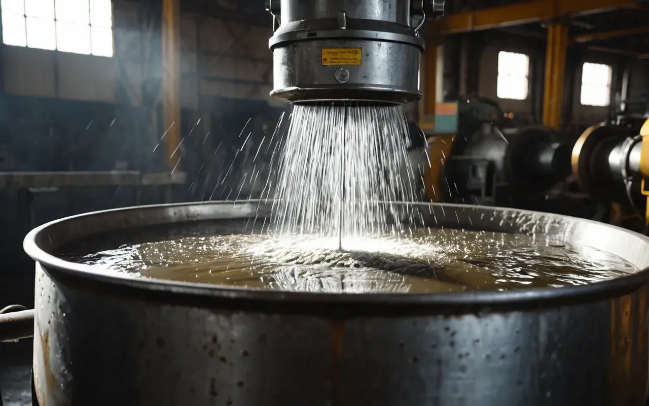 A close-up view of a heavy industrial mixer drum interior showing smooth metal surfaces with water jets spraying from multiple angles to clean residue, bright artificial lighting reflecting off wet steel, no people visible, photorealistic style.